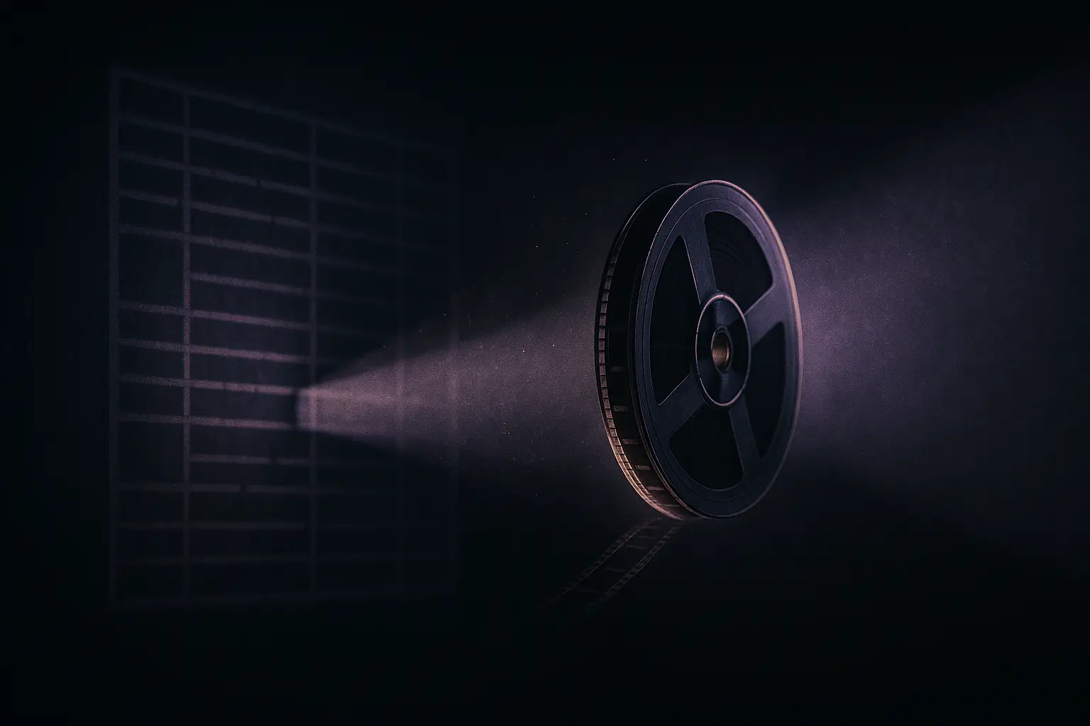 Microfilm reel in a violet projector beam casting a ledger grid on a dark wall, project mkultra
