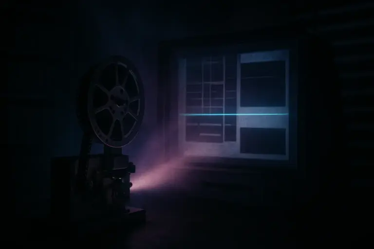 Project Monarch: Separating Conspiracy Theory from the Facts of MKUltra 3 Microfilm projector casts a violet beam to a screen with a cyan scan line in a dark archive, project monarch records.