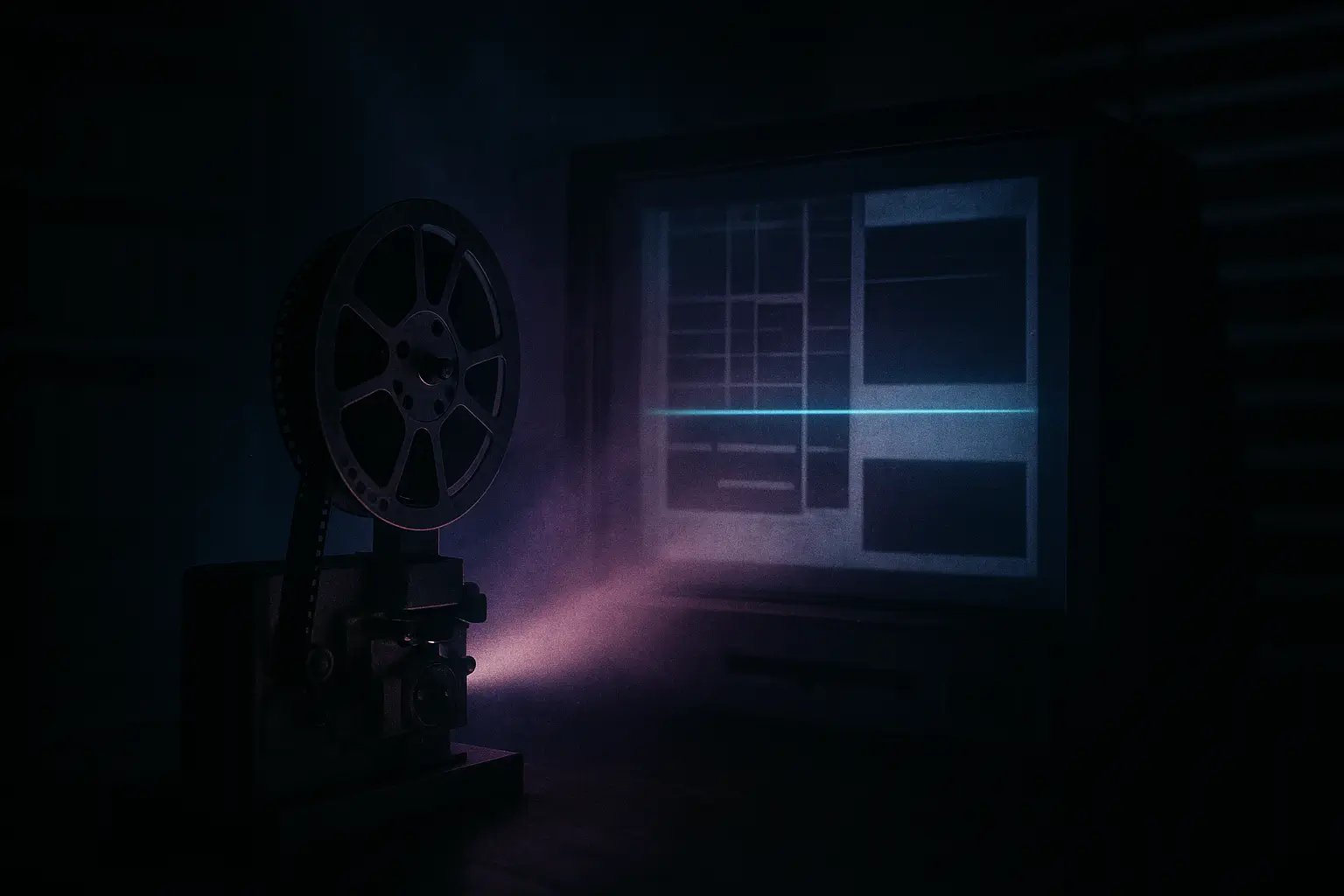 Microfilm projector casts a violet beam to a screen with a cyan scan line in a dark archive, project monarch records.