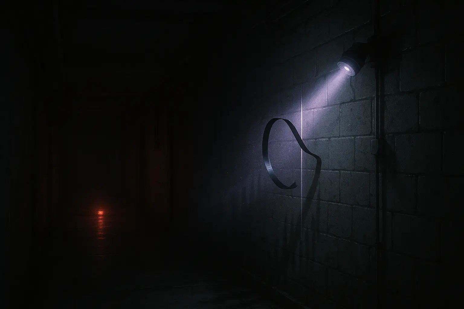 Maintenance corridor with violet beam on a loop of tape; dust visible; a red indicator glows on floor — real ghost sightings