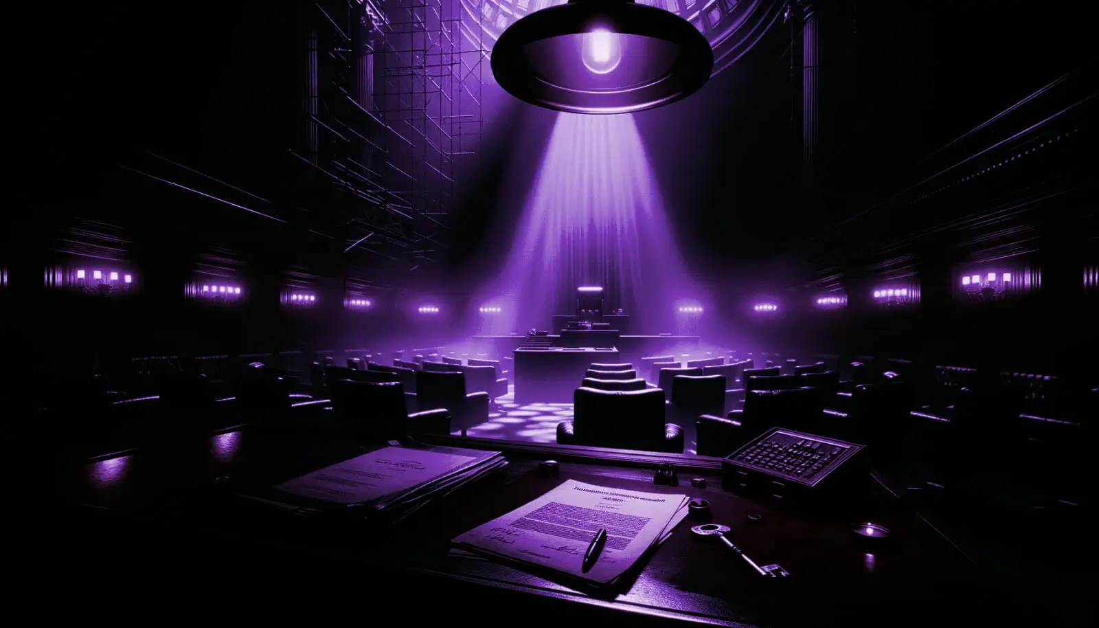 Dim parliamentary chamber under purple spotlight, empty seats; documents, pen, and metal key on desk—reichstag fire false flag.