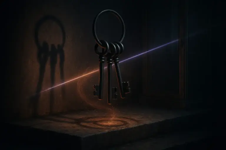 Iron keys suspended over a scorched step as a violet beam crosses, wall shadow and an ajar cabinet, reichstag fire false flag