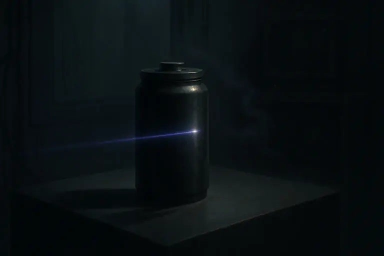 A sealed black canister on a pedestal as a thin violet beam crosses it in a dark lab with CRT and fan, tied to remote viewing