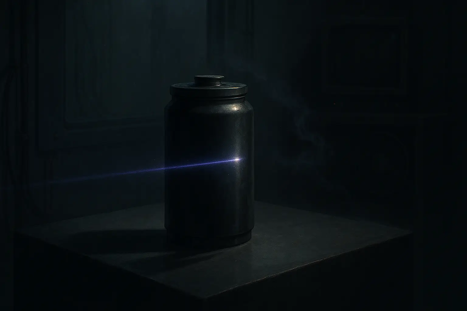 A sealed black canister on a pedestal as a thin violet beam crosses it in a dark lab with CRT and fan, tied to remote viewing