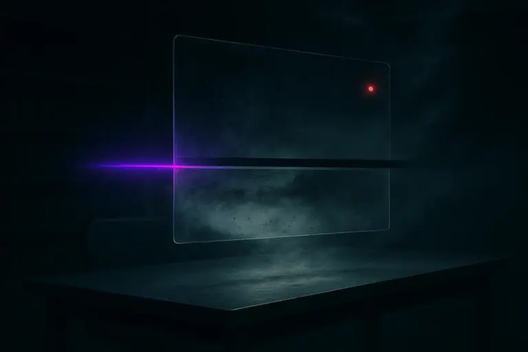 Glass plate suspended over a metal desk, black bar bisecting, violet beam crossing, red indicator lit, remote viewing