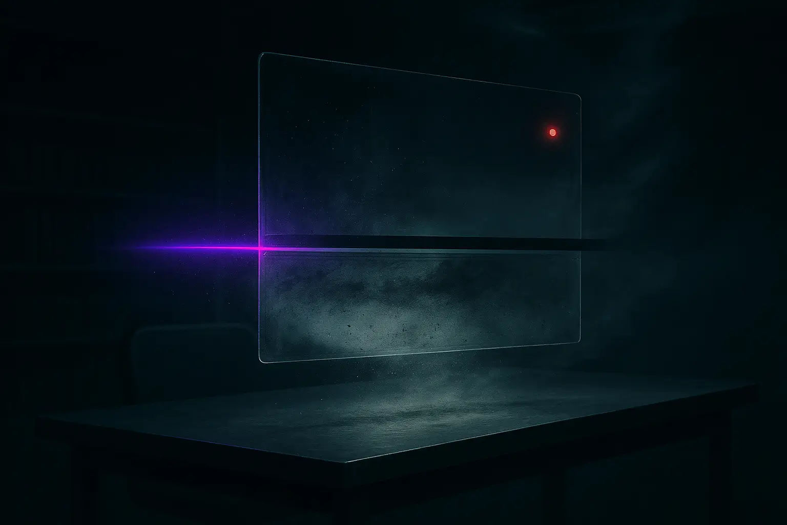 Glass plate suspended over a metal desk, black bar bisecting, violet beam crossing, red indicator lit, remote viewing