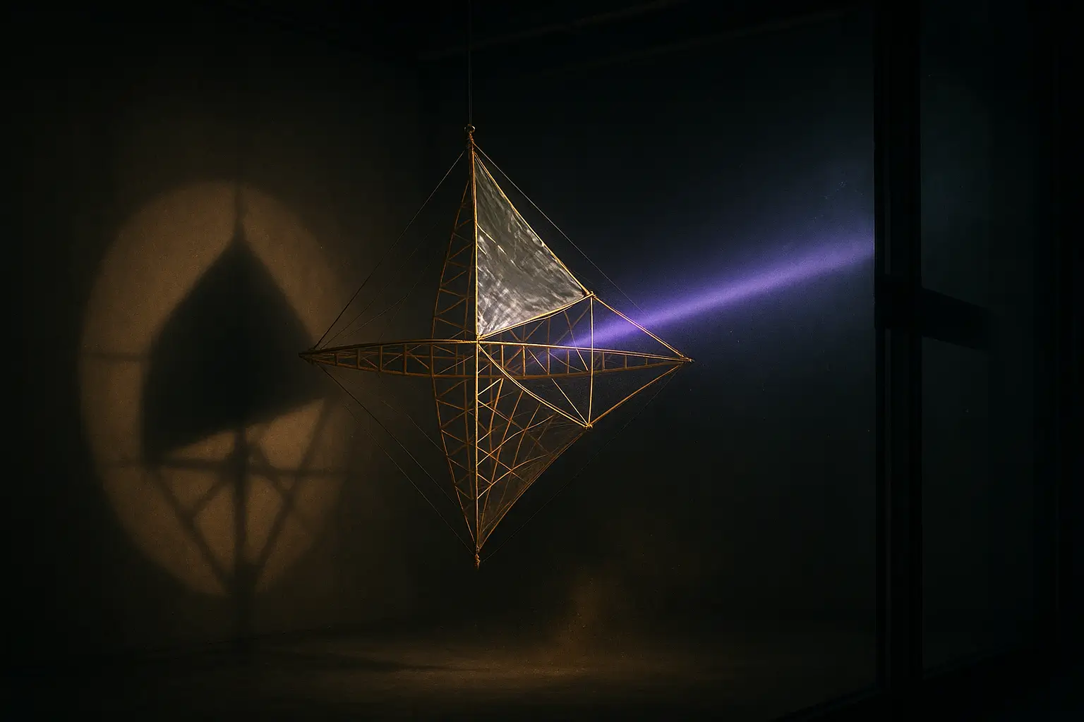 Suspended balsa and reflective foil lattice under a violet beam in a dark archive; roswell incident truth.