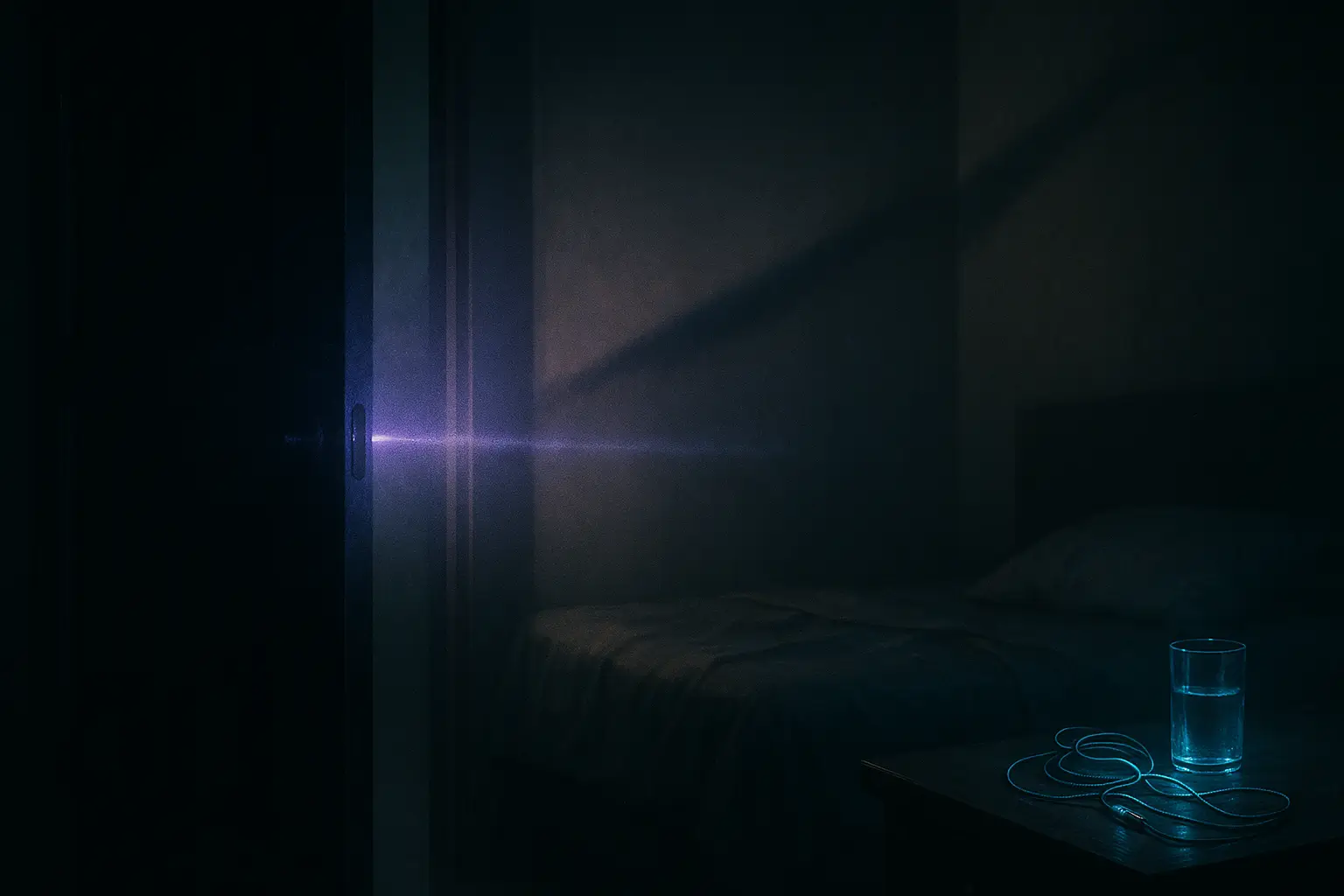 Half-open bedroom door with violet beam; bed shows a dent, glass and leads on a nightstand during shadow people encounters