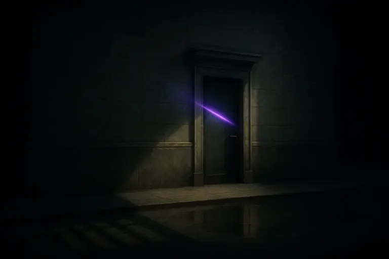 Sealed door in a windowless limestone facade under a violet scanning beam, puddle reflection below, skull and bones society