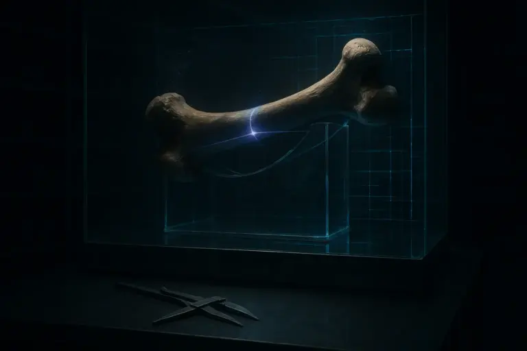 Mastodon femur in a glass case under a violet scanning beam, calipers on the table below, for the smithsonian giants cover-up