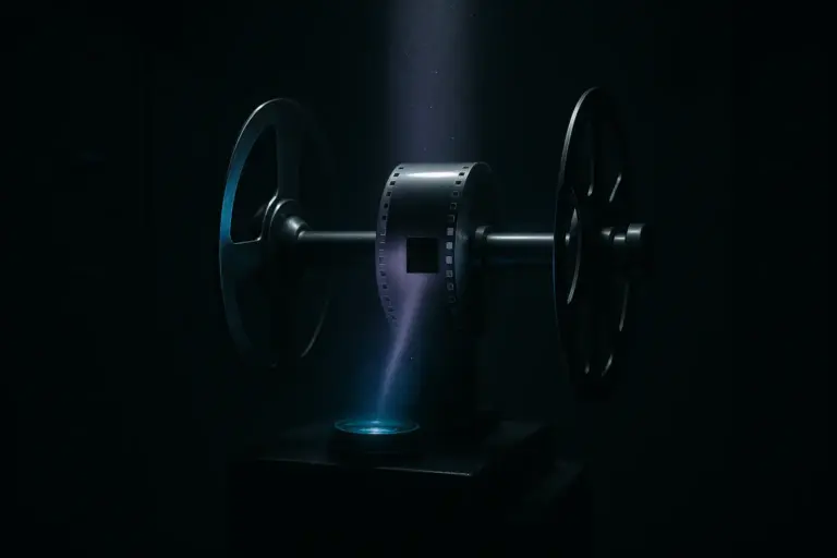 Microfilm reel between chrome spindles under a narrow violet beam in a dark records room for suppressed inventions