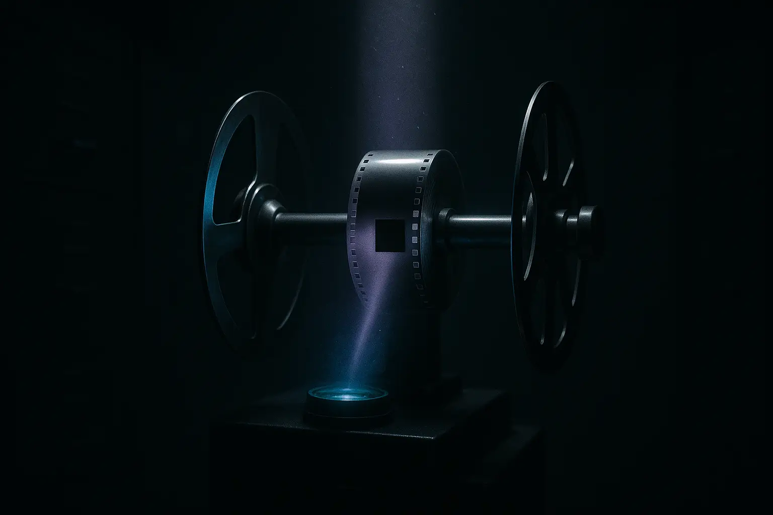 Microfilm reel between chrome spindles under a narrow violet beam in a dark records room for suppressed inventions