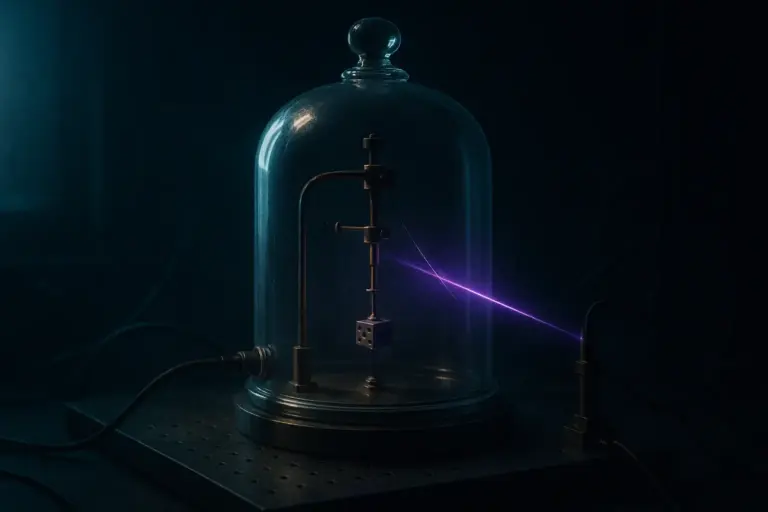Bell jar on a lab table with brass microbalance, a die, and a violet beam; telekinesis real cases examined under controls.