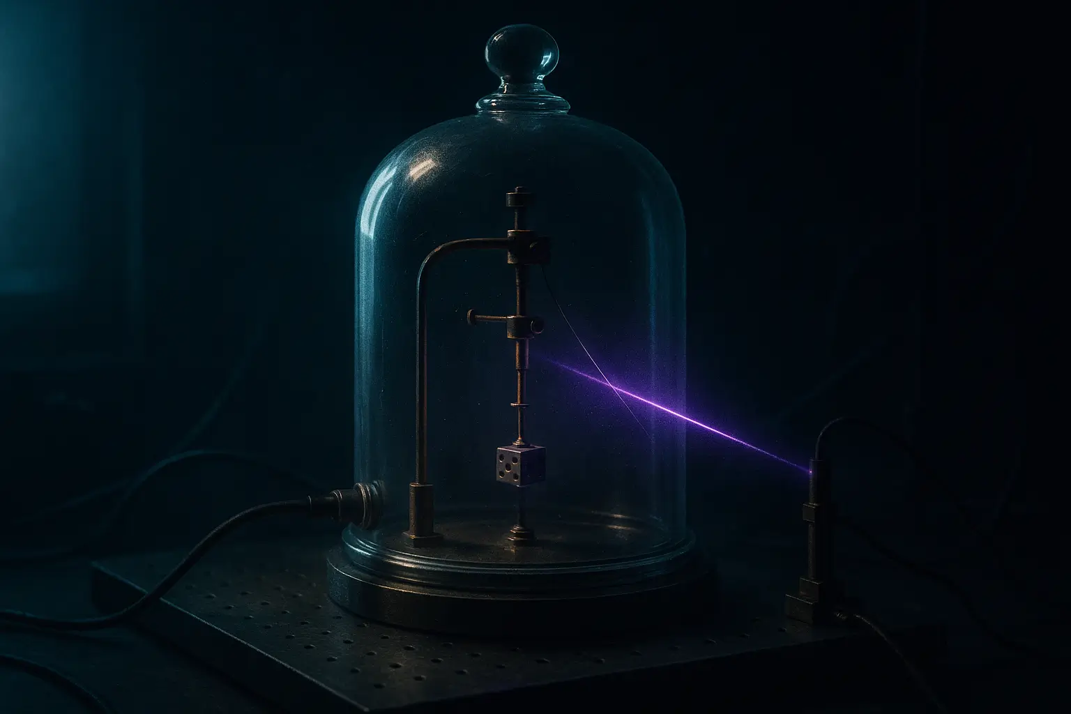 Bell jar on a lab table with brass microbalance, a die, and a violet beam; telekinesis real cases examined under controls.