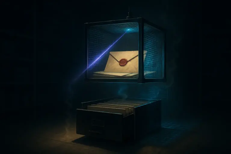 Sealed envelope in a suspended Faraday cube above a file drawer, lit by a violet scan beam for telepathy experiments