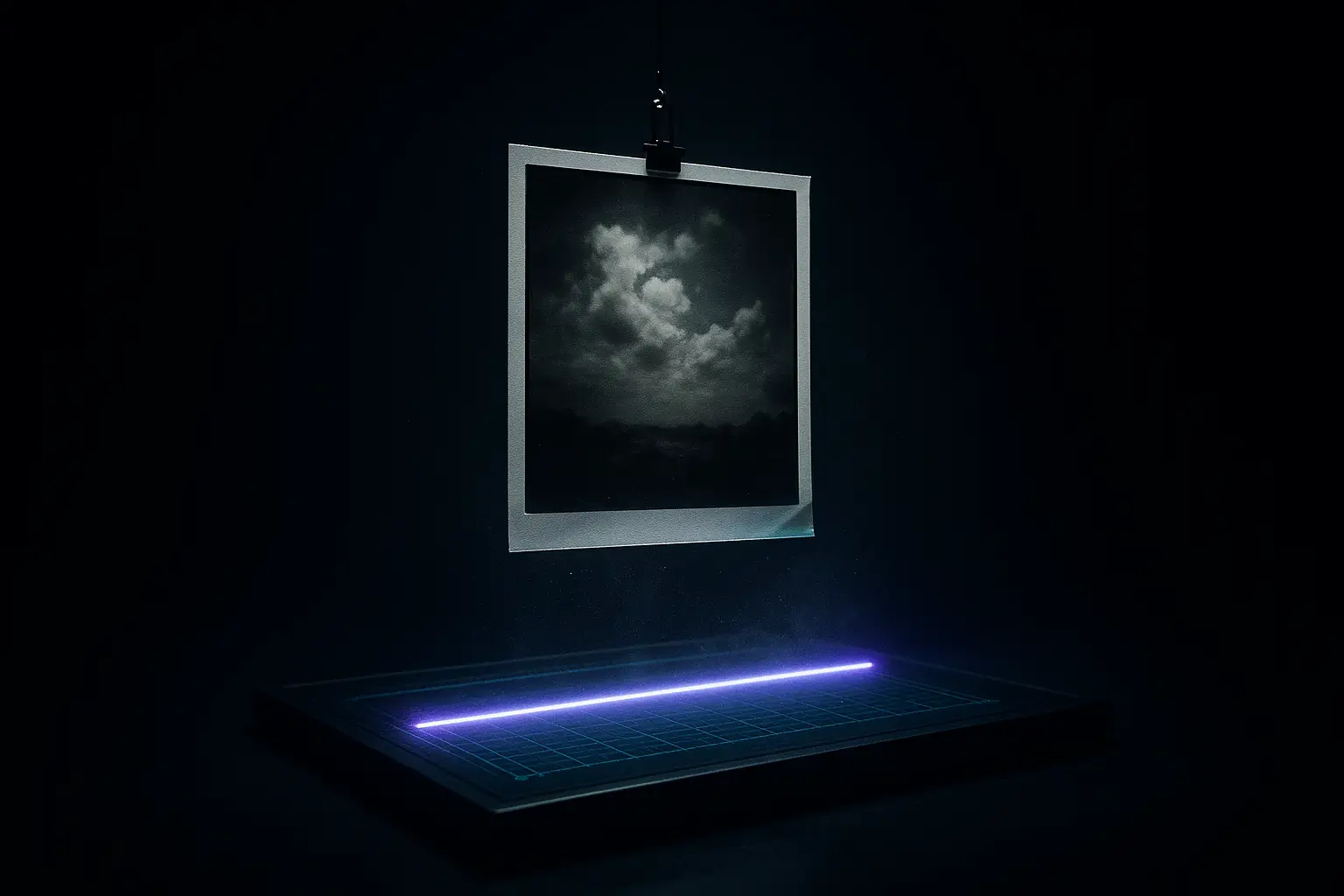 Square photo hangs over a lightbox as a violet scan bar moves; cyan grid and dust visible, dark lab for time travel analysis.