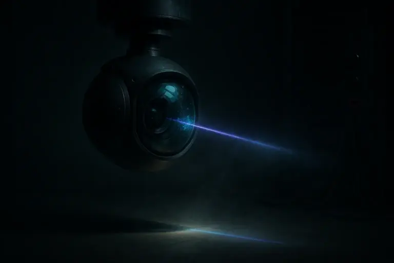 Stabilized sensor pod in a dark test bay as a violet beam scans the lens; racks and cables visible, linked to ufo sightings.