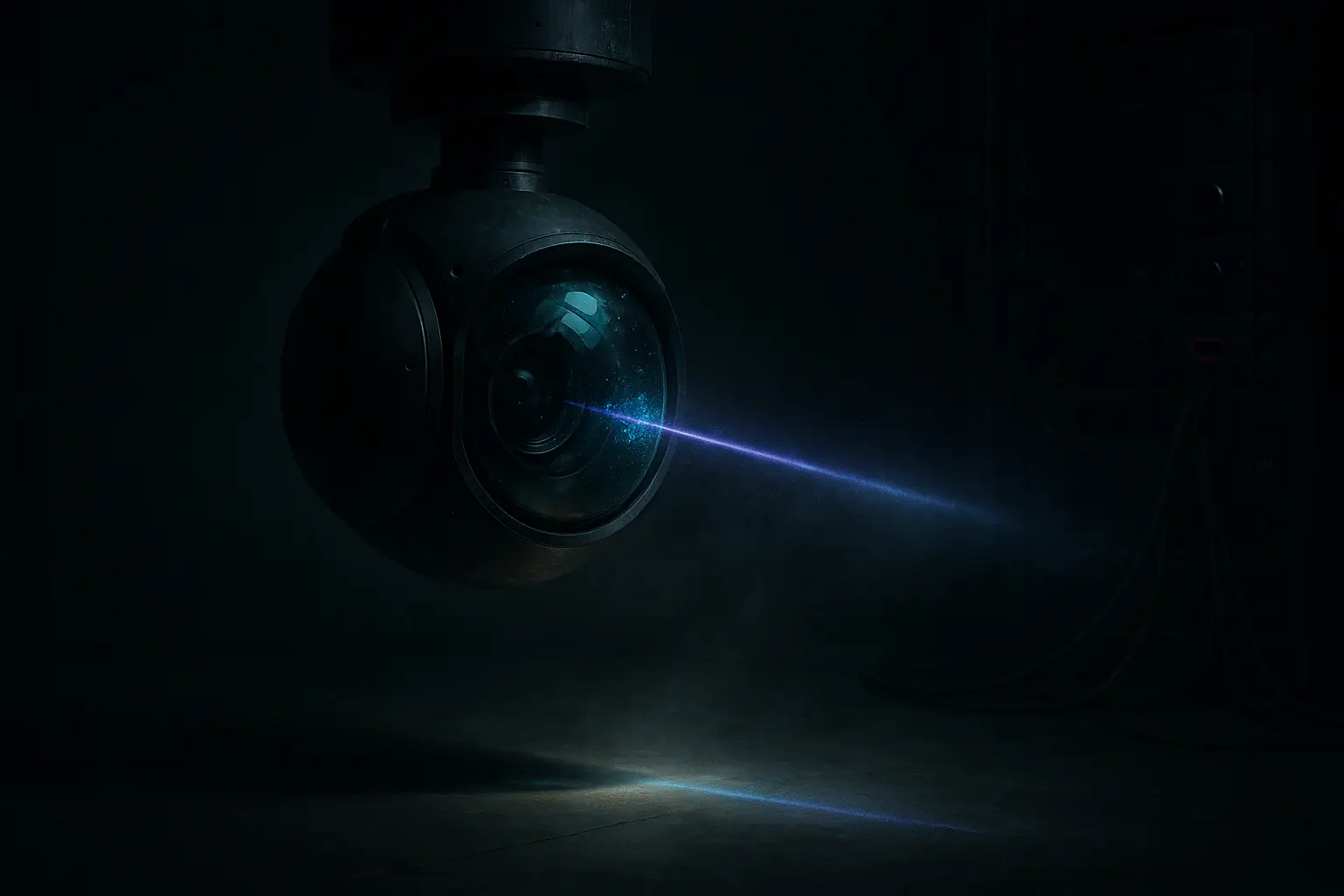 Stabilized sensor pod in a dark test bay as a violet beam scans the lens; racks and cables visible, linked to ufo sightings.