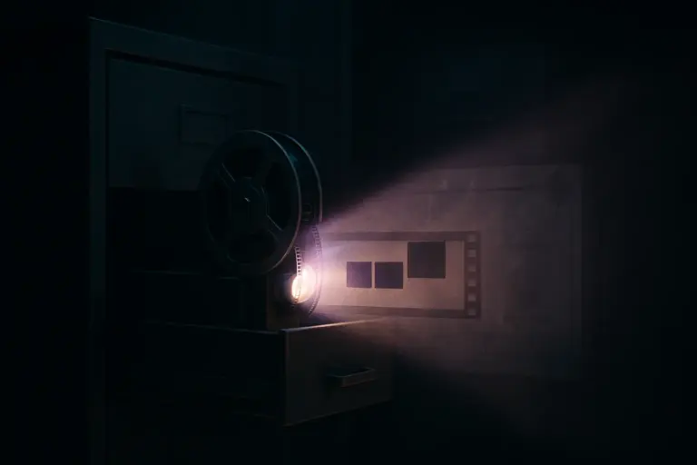 Unethical Human Experiments: A Declassified History of U.S. Government Programs 4 Open archive drawer with a microfilm reel in a projector, a violet beam projecting frames — unethical human experiments