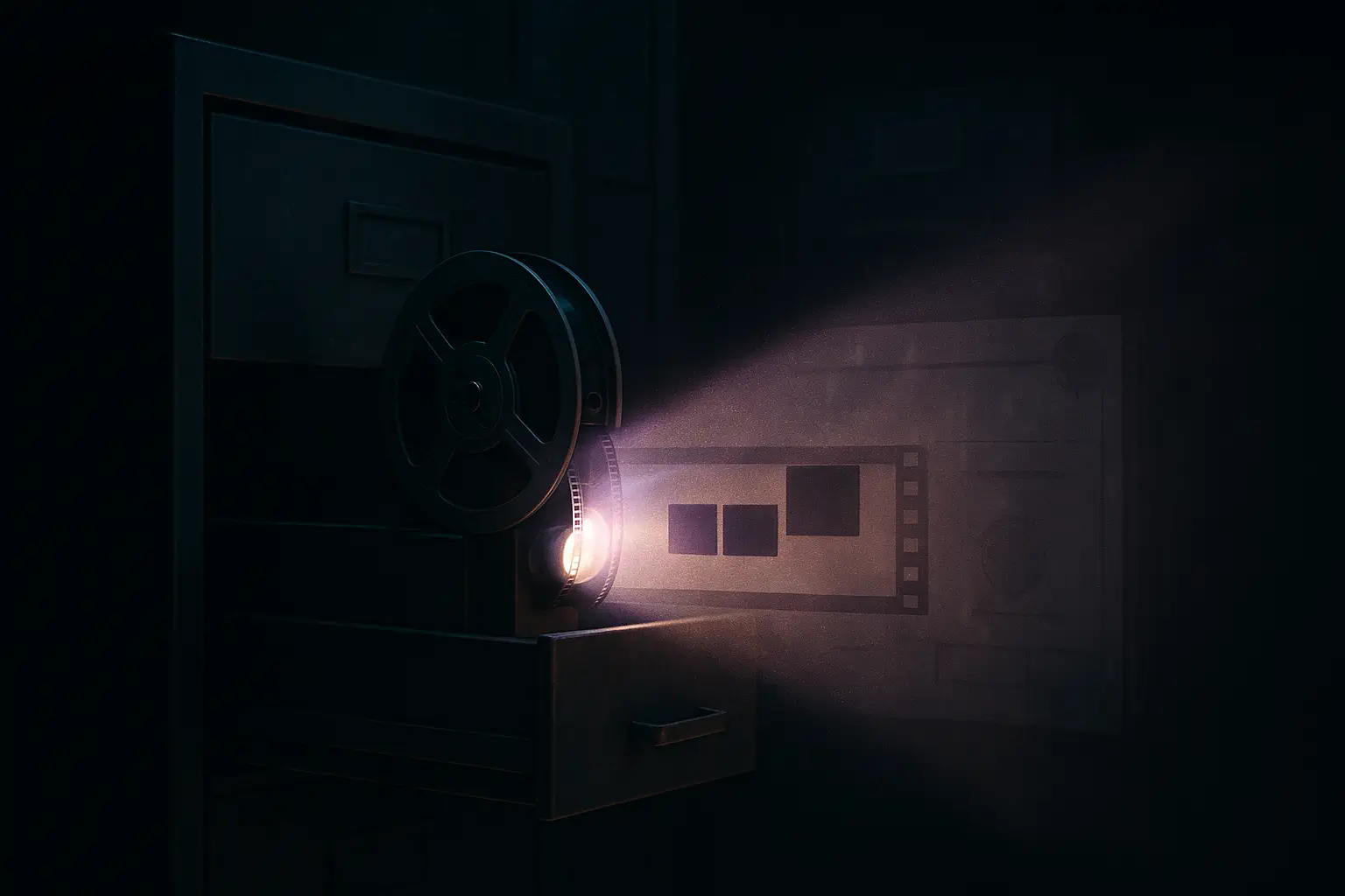 Open archive drawer with a microfilm reel in a projector, a violet beam projecting frames — unethical human experiments