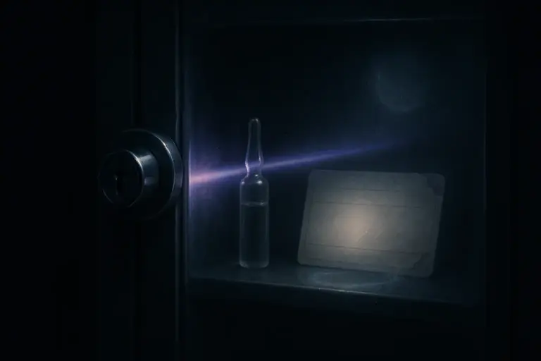 A locked specimen cabinet with chrome lock, clear ampoule, and blank card lit by a violet beam for unethical medical trials
