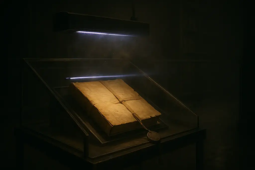 Vellum folio tied with a strap in a glass case under a lamp, dust in beam, lead seal hanging inside vatican secret archives