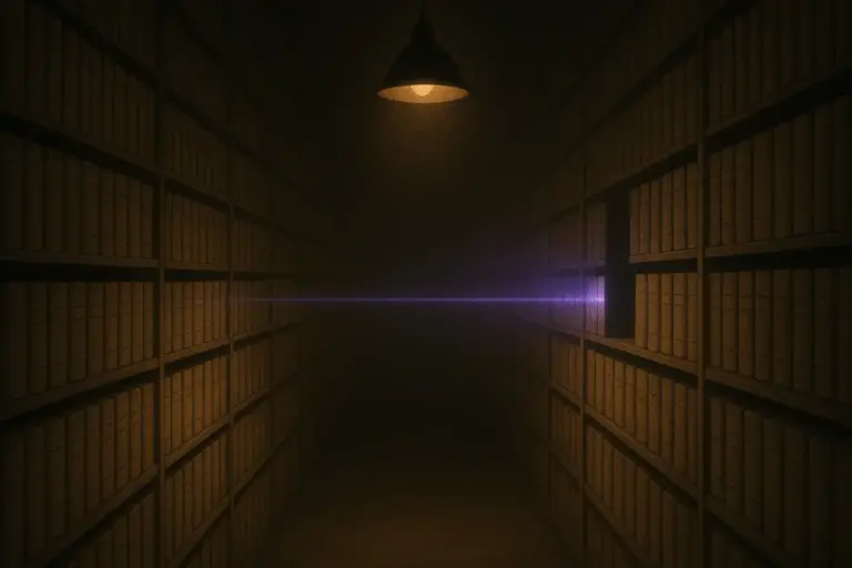 A single lamp and violet scan line across shelving in the vatican secret archives, stopping at an empty gap on the right