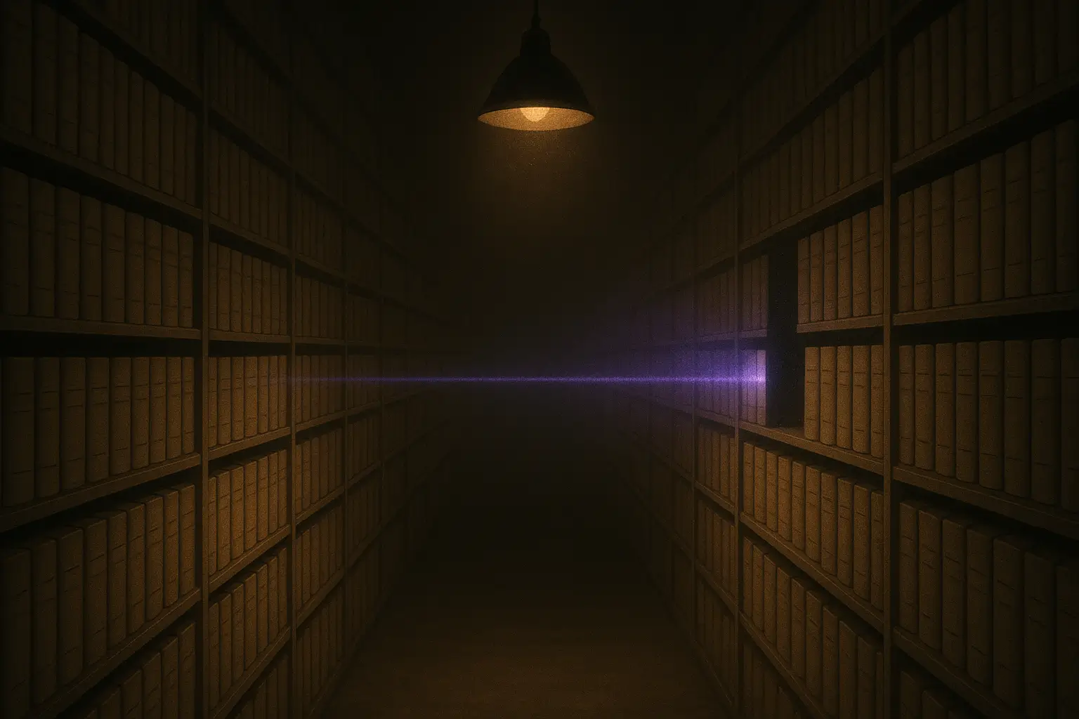 A single lamp and violet scan line across shelving in the vatican secret archives, stopping at an empty gap on the right