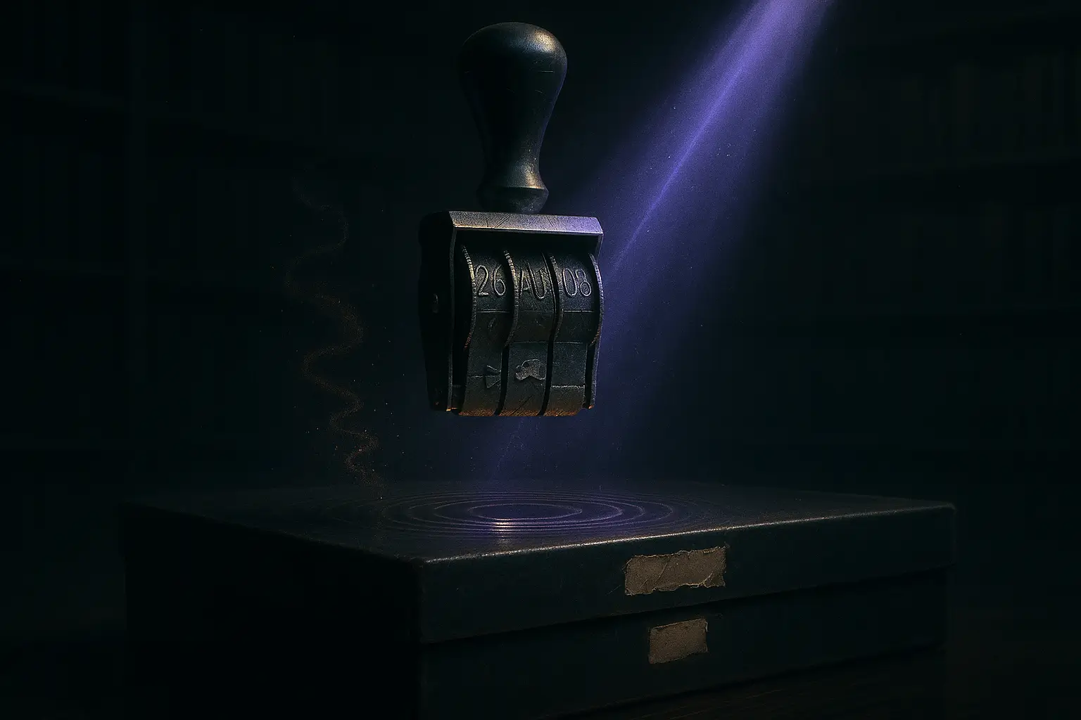 Metal date-stamp over a sealed archival box in a violet beam, dust rising in a dark reading room — velikovsky theory