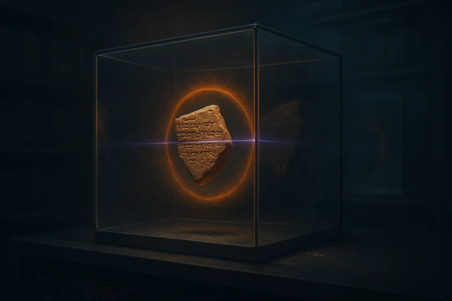 Clay fragment with cuneiform afloat in a glass cube as a violet beam scans, world most oldest language record