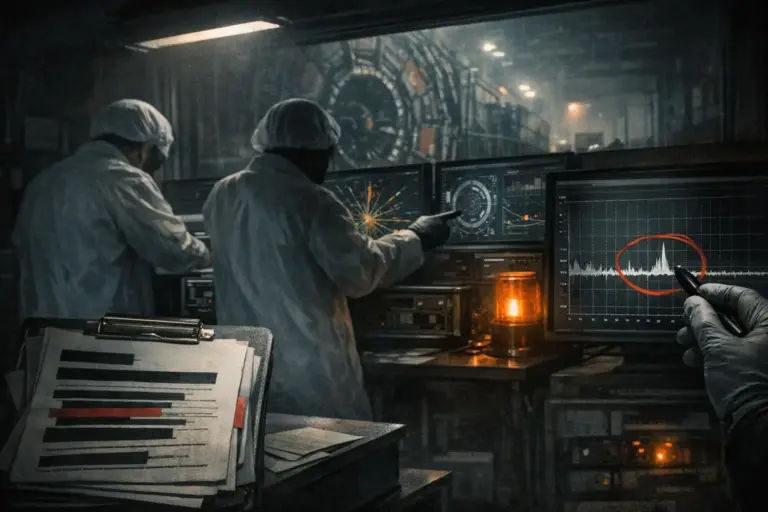 3I ATLAS Anomalies: What the Records Show—and Where They Stop 4 3I ATLAS anomalies shown on multiple monitors, with two people in white coveralls and a gloved hand pointing at a graph.