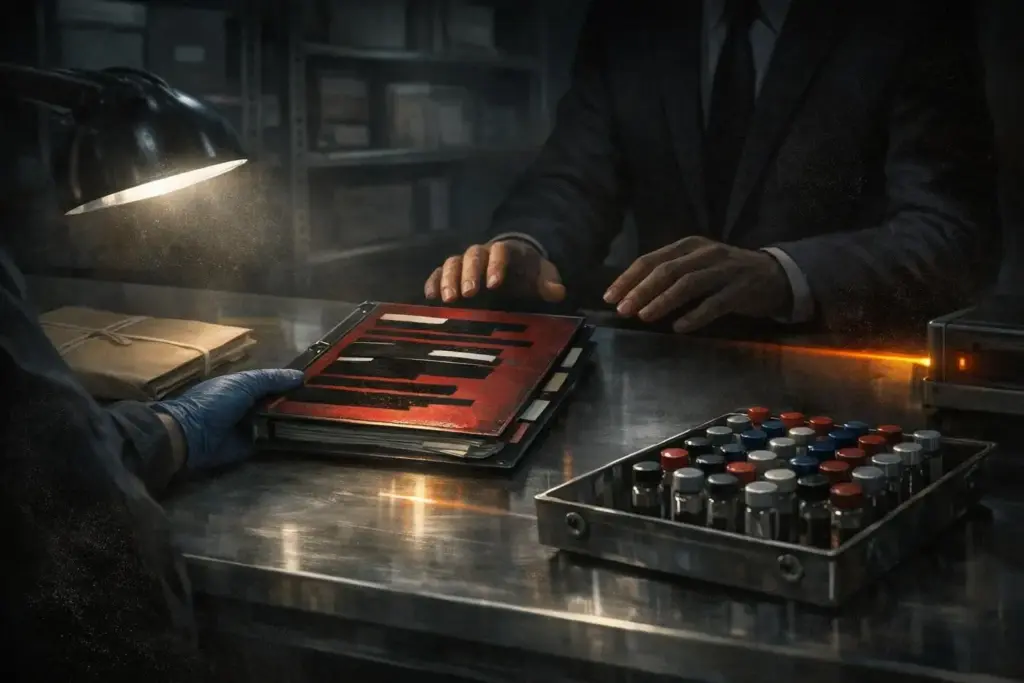 9 11 false flag theory red folder on a metal table under a desk lamp, with hands nearby and a tray of small vials.