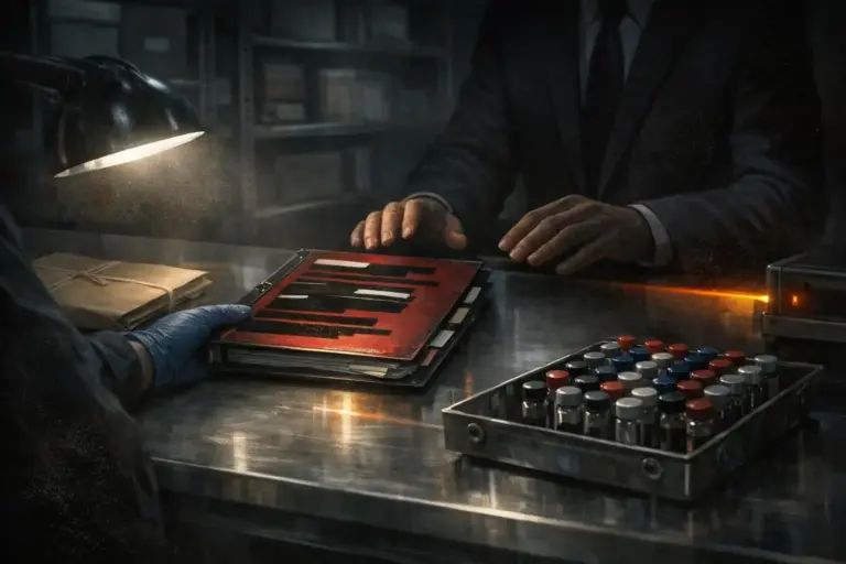 9/11 False Flag Theory: What the Records Show—and Where They Stop 3 9 11 false flag theory red folder on a metal table under a desk lamp, with hands nearby and a tray of small vials.