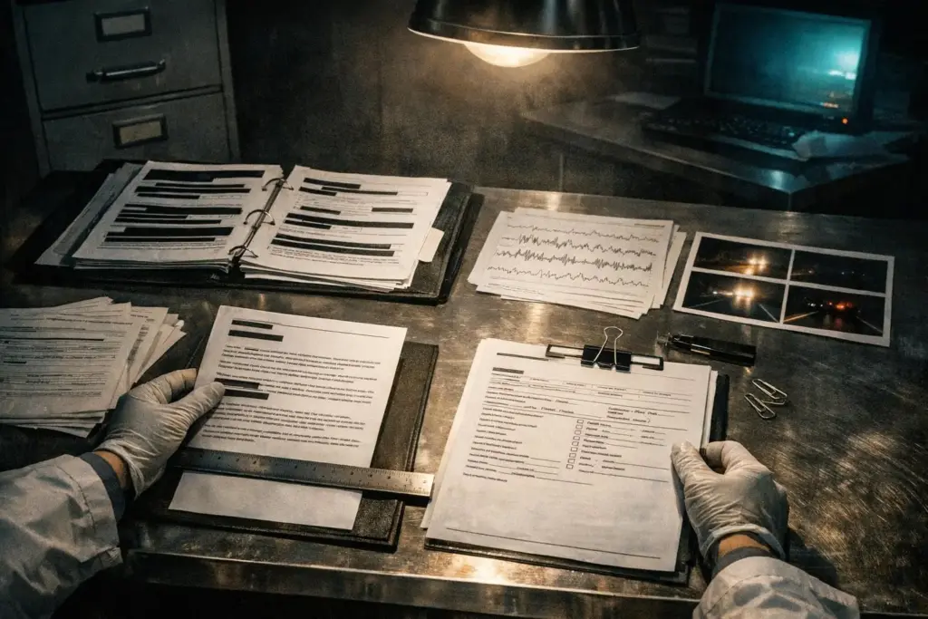 Hands in light gloves hold paper forms on a metal table, with binders, clips, and photos; alien abduction stories.