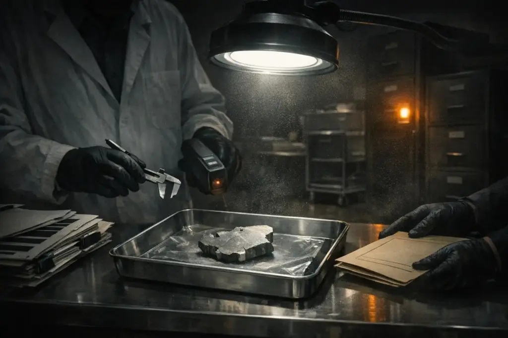 A metal tray with a rough gray object under a hanging lamp, with gloved hands and tools; alien technology
