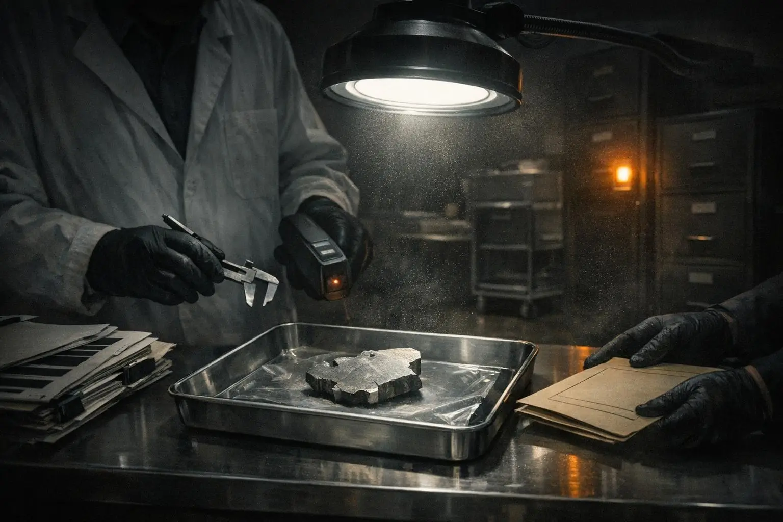 Alien Technology: What the Records Show—and Where They Stop 1 A metal tray with a rough gray object under a hanging lamp, with gloved hands and tools; alien technology