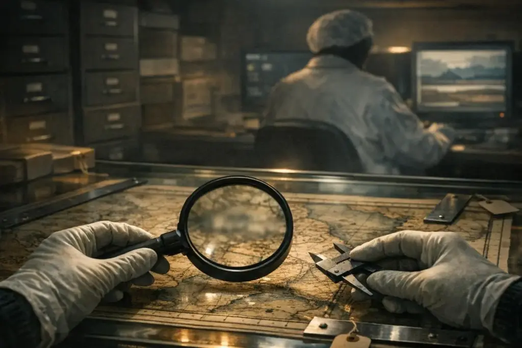 alternate history evidence with gloved hands holding a magnifying glass and a metal tool above a paper map on a desk