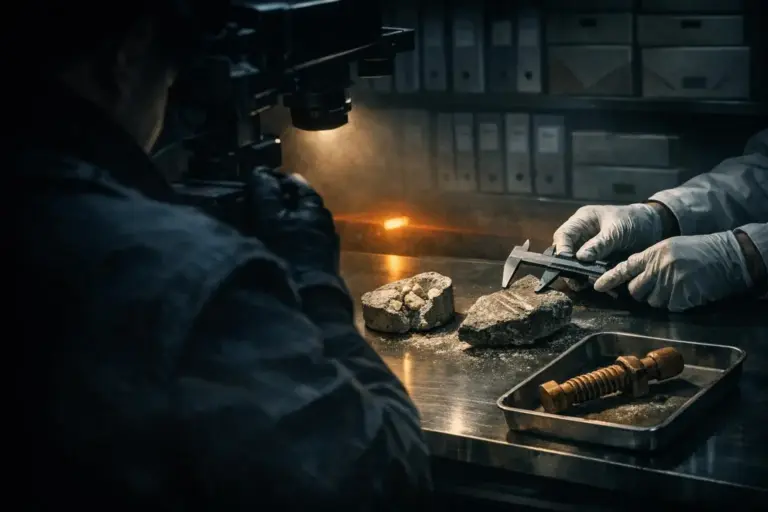 Ancient Advanced Technology: What the Files Show and Where They Stop 2 Gloved hands hold a caliper above two rock pieces on a metal table, with ancient advanced technology included once.