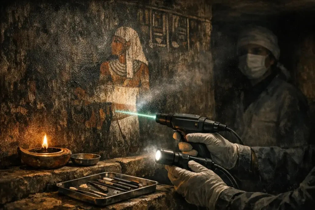 ancient egypt electricity scene with gloved hands holding a device emitting a green beam toward a wall painting