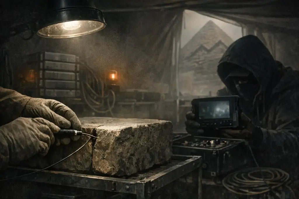 A dusty tent scene with gloved hands near a rough stone block and a hooded figure holding a monitor, ancient egyptian secrets.