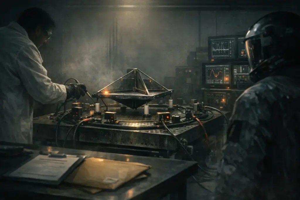 antigravity scene with a metal pyramid frame above a round table, cables, small lights, and two people in protective clothing