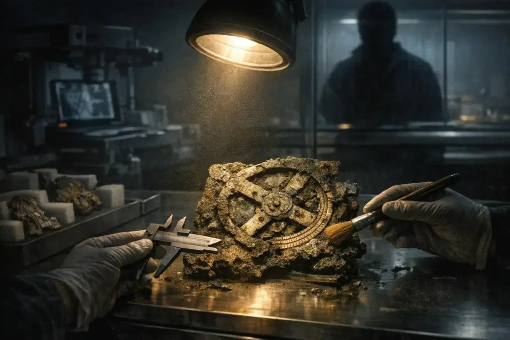 Gloved hands measure and brush a corroded gear-like disk; antikythera mechanism purpose appears in the prompt only.