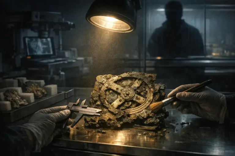 Antikythera Mechanism Purpose: What the Records Certify 4 Gloved hands measure and brush a corroded gear-like disk; antikythera mechanism purpose appears in the prompt only.