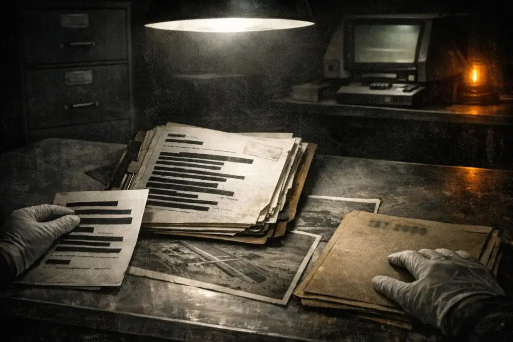 A dim desk scene with gloved hands and a stack of papers with black bars; area 51 documents appears once.