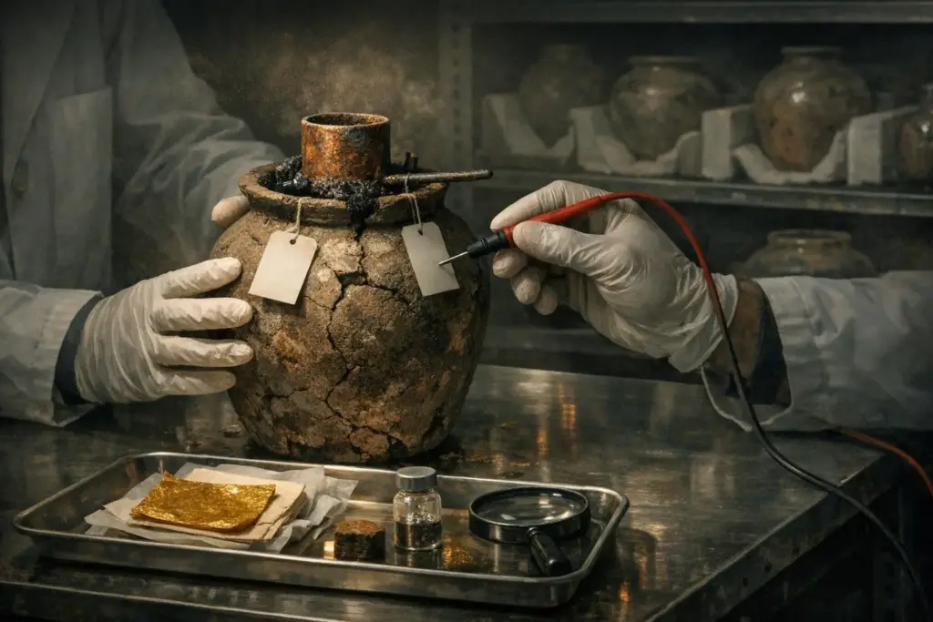Gloved hands hold a cracked clay jar with two hanging tags, while a probe touches the surface; baghdad battery purpose.