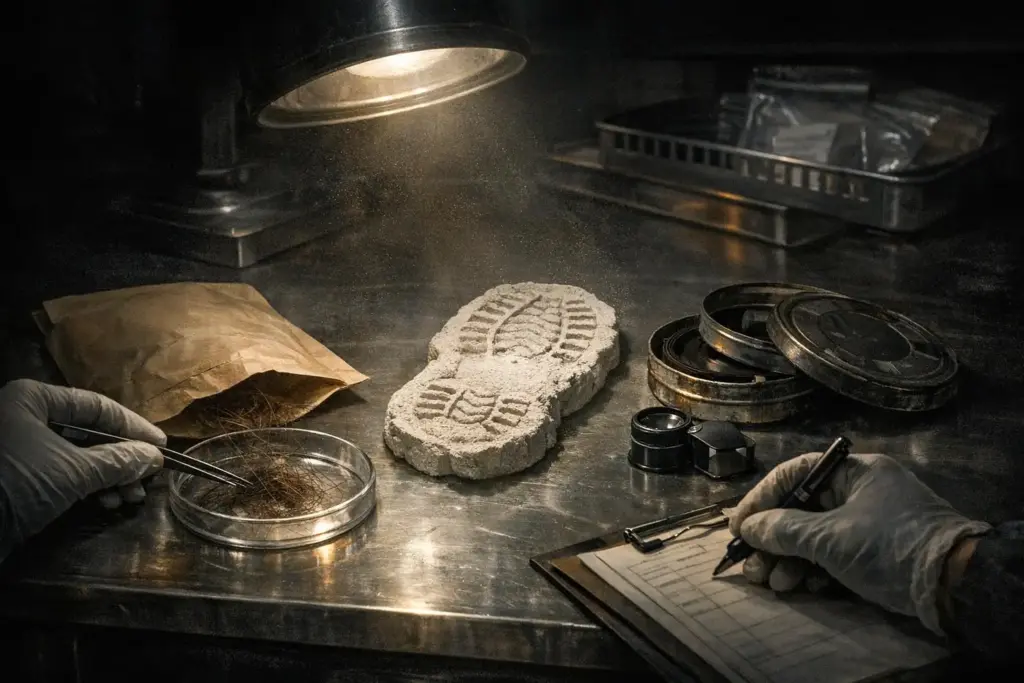 Metal tabletop under a lamp with a plaster-like footprint cast, petri dish, tools, and clipboard; bigfoot sightings.