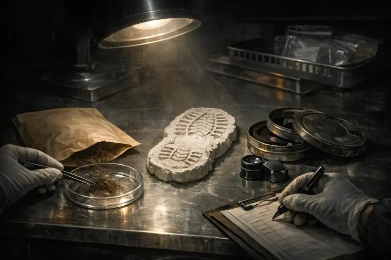 Bigfoot Sightings: What the Records Show—and Where They Stop 2 Metal tabletop under a lamp with a plaster-like footprint cast, petri dish, tools, and clipboard; bigfoot sightings.