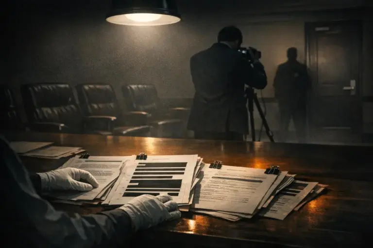 Bilderberg Group: What the Records Show—and Where They Stop 4 A dim room with leather chairs, a wooden table with clipped papers, and a blurred figure using a tripod; bilderberg group