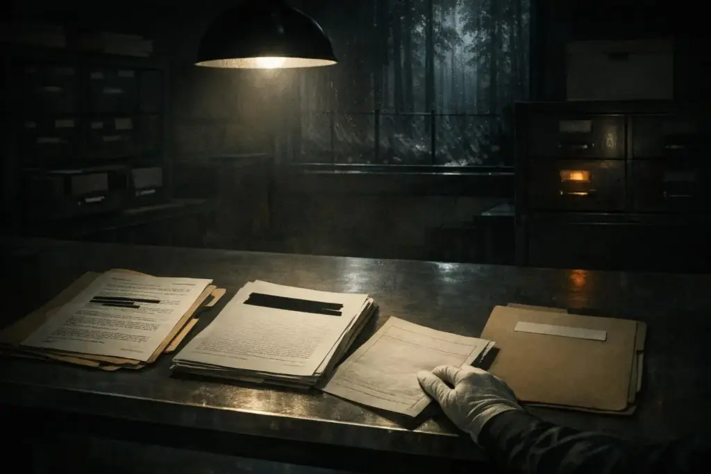 bohemian grove facts shown as stacks of papers and a folder on a dark metal table under a hanging lamp.