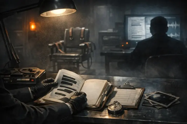 Brainwashing Experiments: What the Records Show—and Where They Stop 2 brainwashing experiments scene with gloved hands holding a paper at a desk, with a lit lamp, clipboards, and a seated figure near bright screens